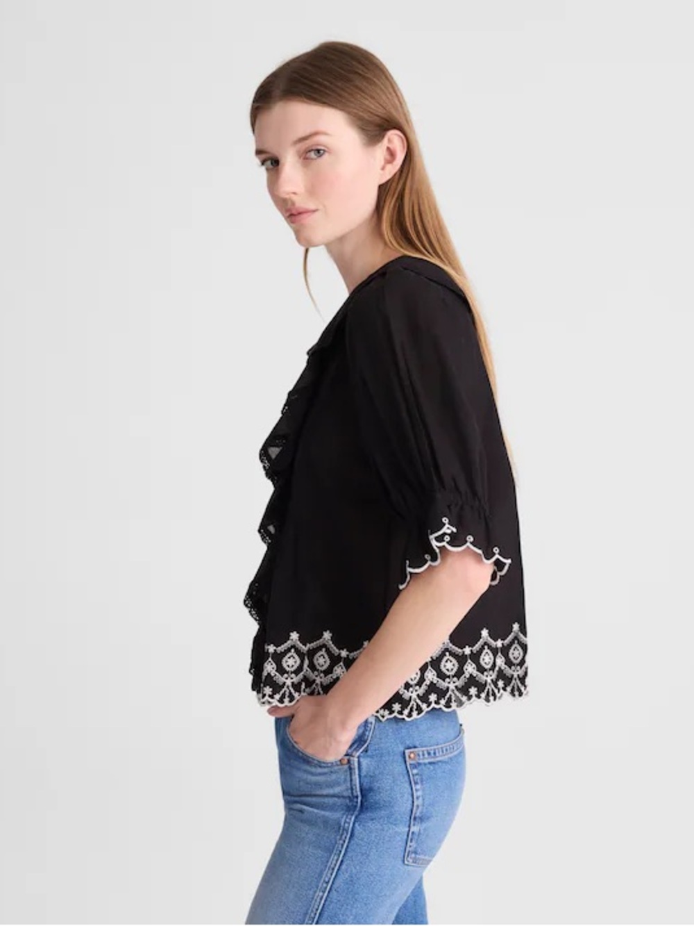 Madewell women’s The Blaire Top short sleeve black embroidered ruffles SizeS NWT - Picture 2 of 10